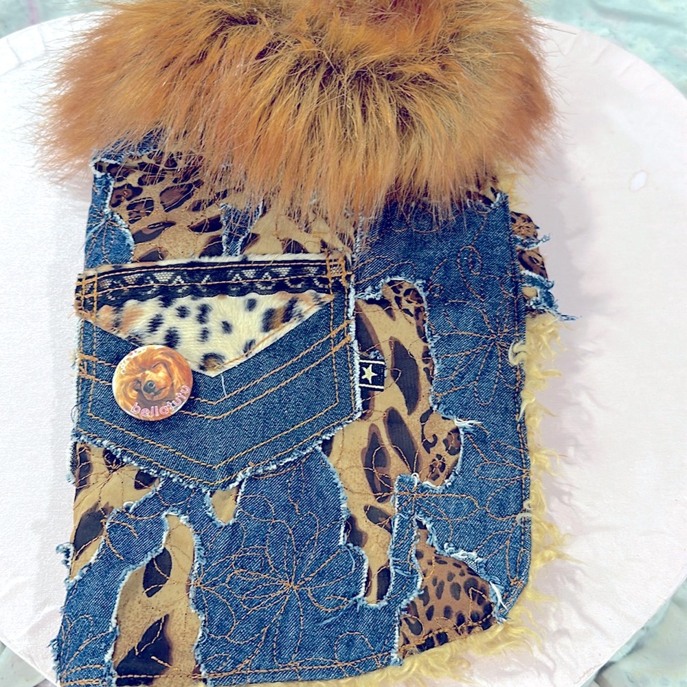 Denim cheetah dog jacket faux fur collar detail small medium Margo Plowright